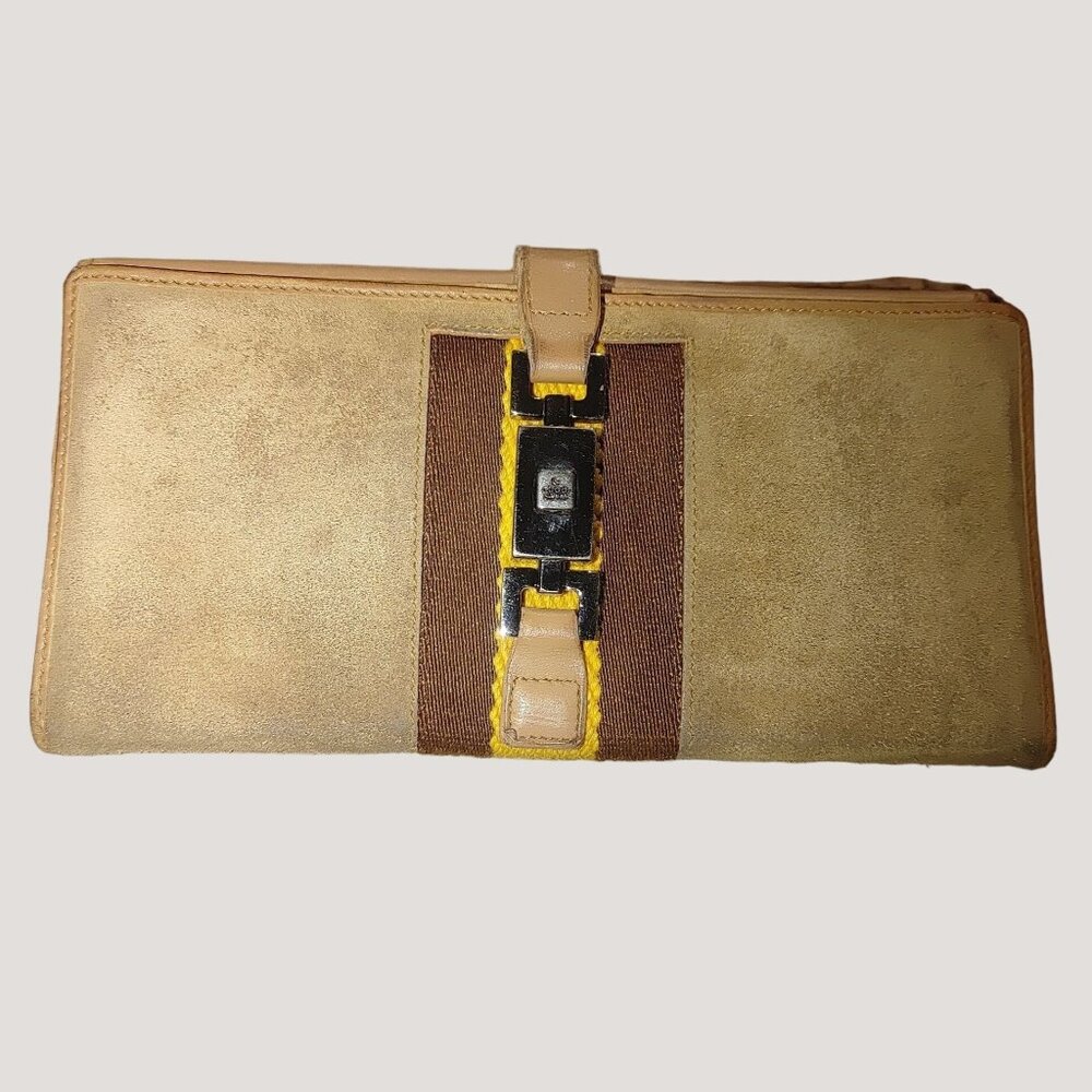 Leather Long Wallet Gucci Jackie Beige Suede Yellow Brown Accents Corduroy